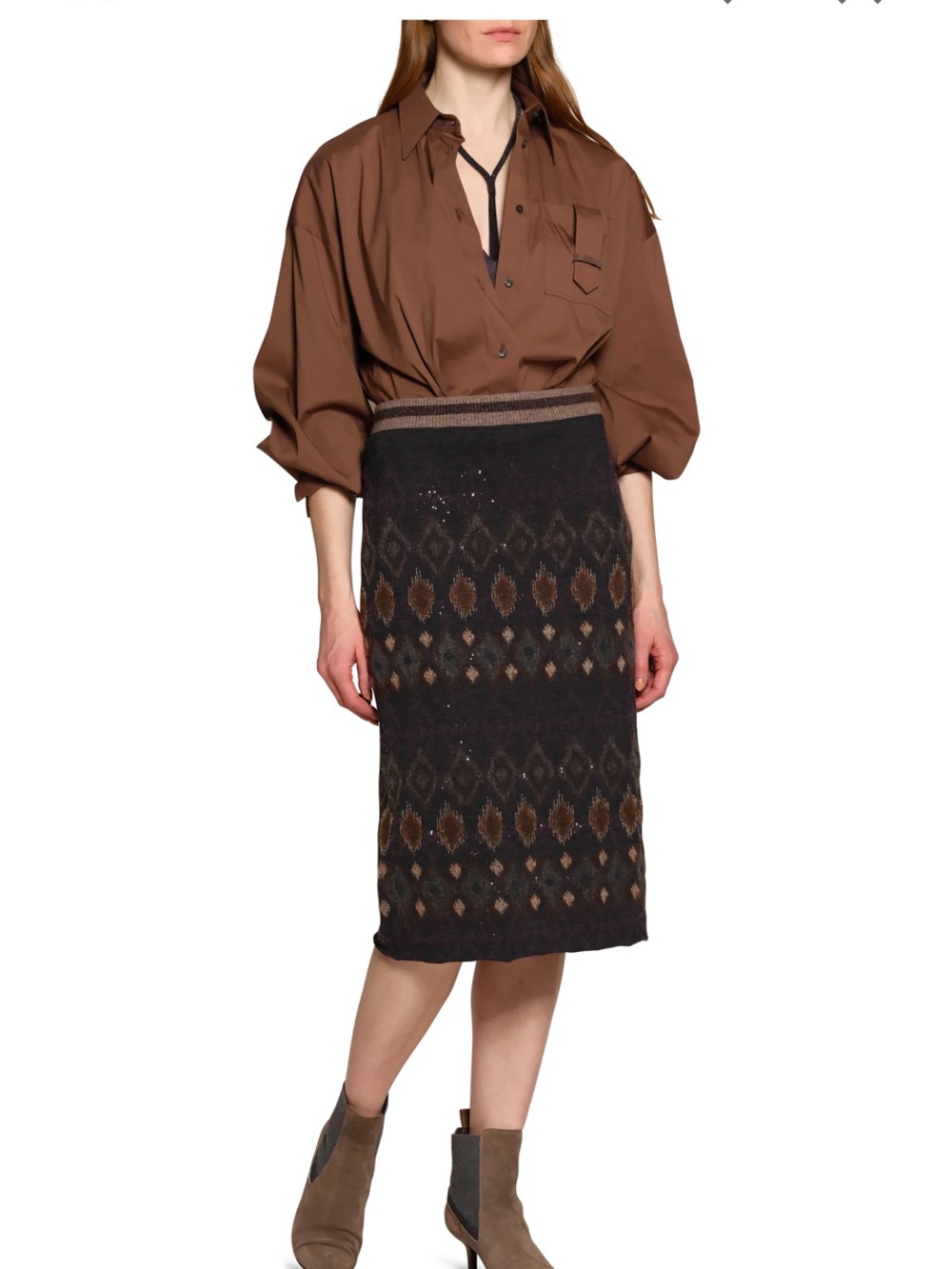 Brunello Cucinelli Brown Cotton Short tucked Blouse w/ Rose Gold Monili detail